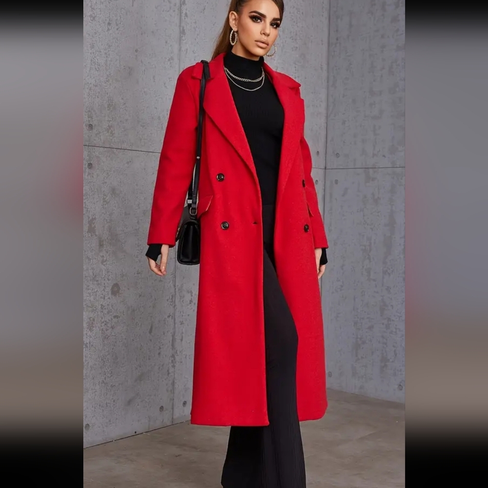 EillyBazar long red double breasted dress coat fully lined 2 front pockets NEW
